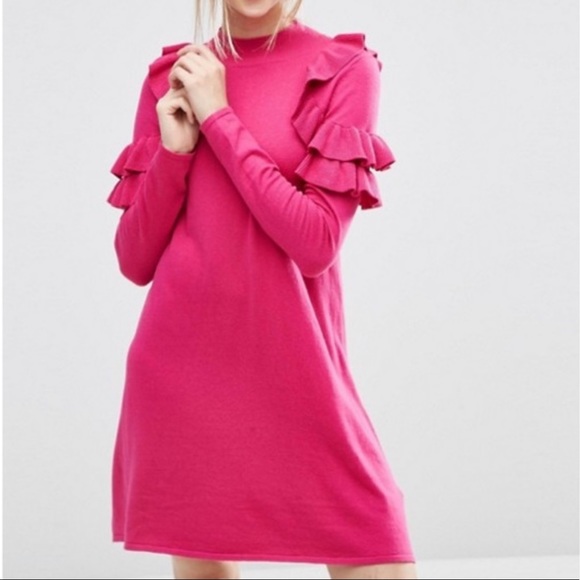 ASOS bright pink ruffle sweater dress medium